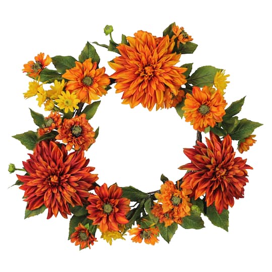 Mums and Daisies Twig Artificial Floral Wreath Orange 22&#x22;